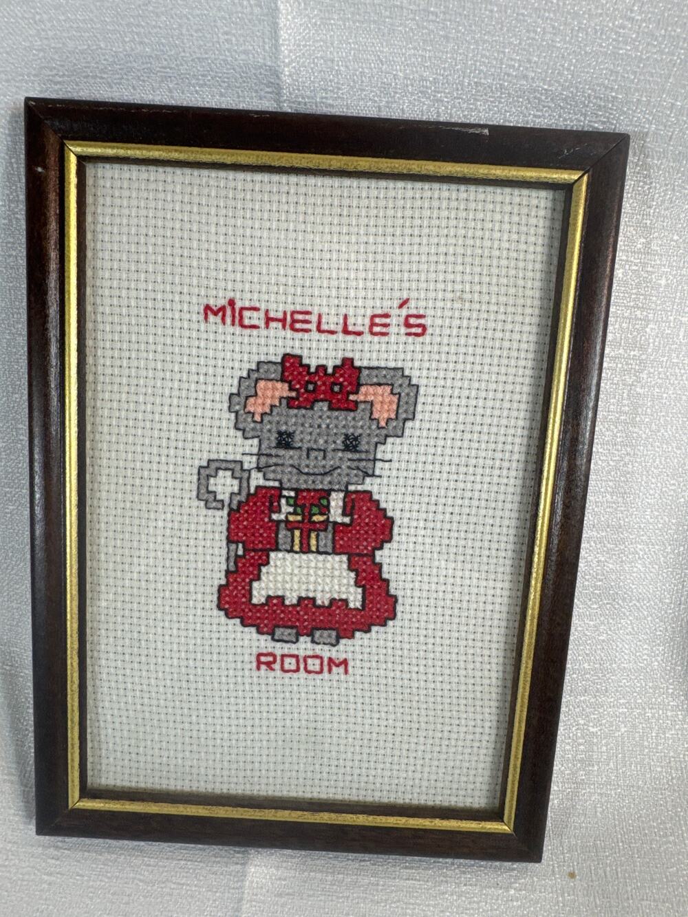 Cross stitch Mouse Michelle’s Room 5x8" in frame VINTAGE